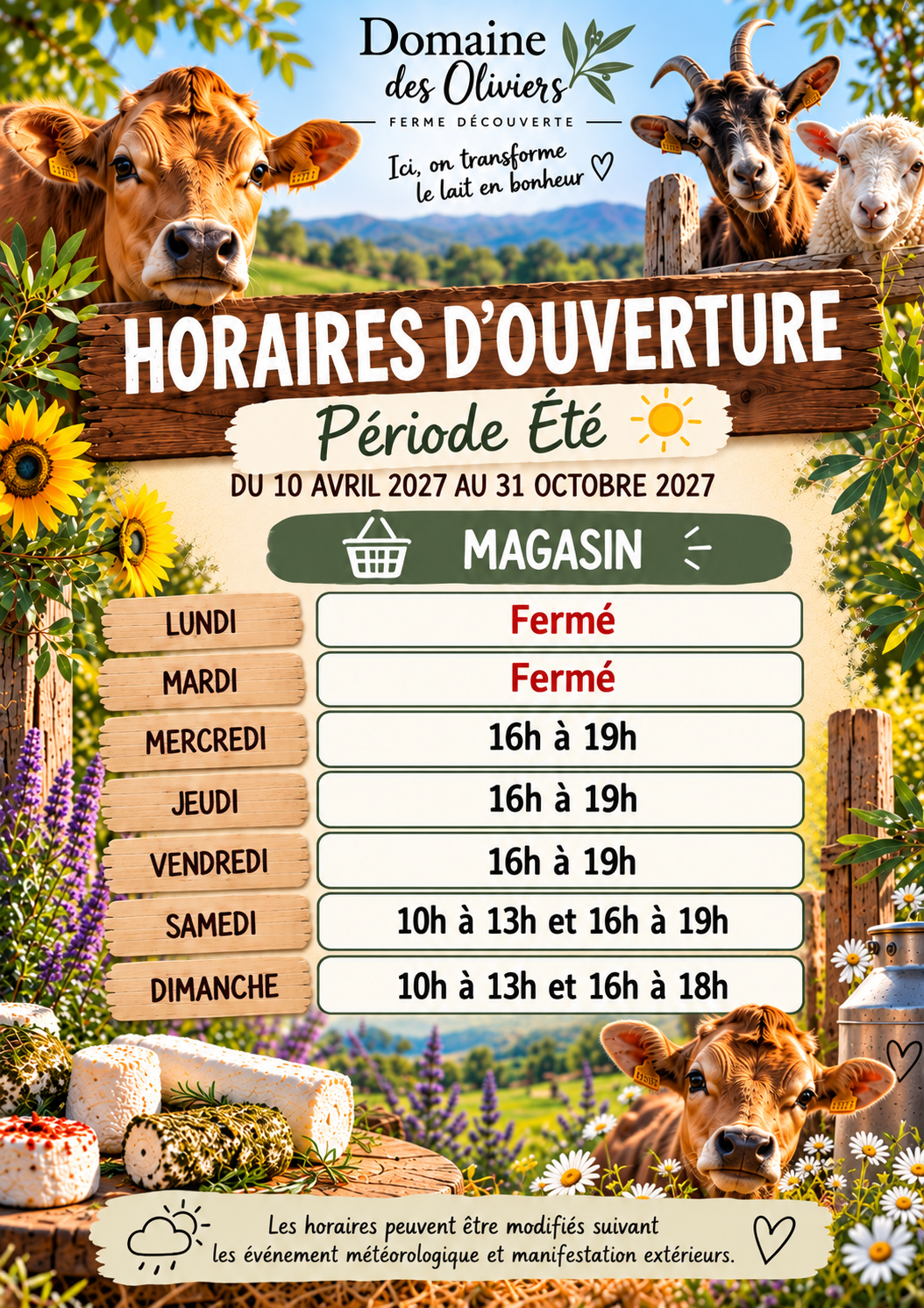 Horaires d'été au Domaine des Oliviers