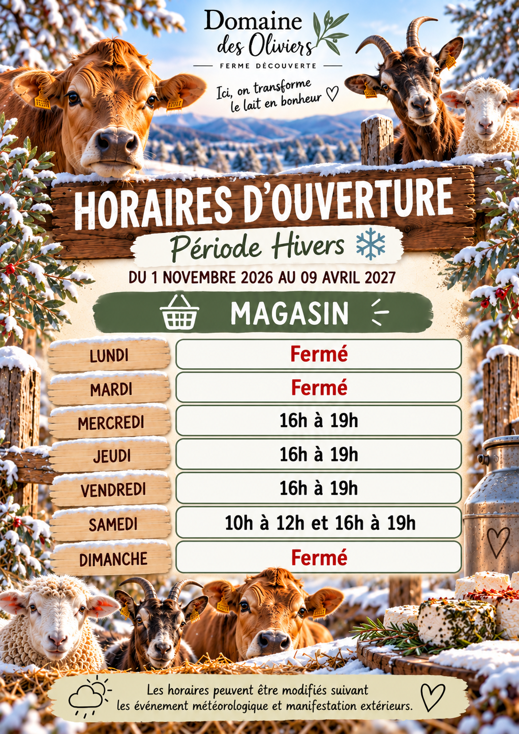 Horaires d'hiver au magasin fermier